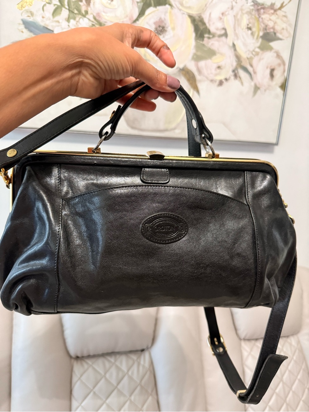 Oroton Black Leather Satchel with Gold Hardware